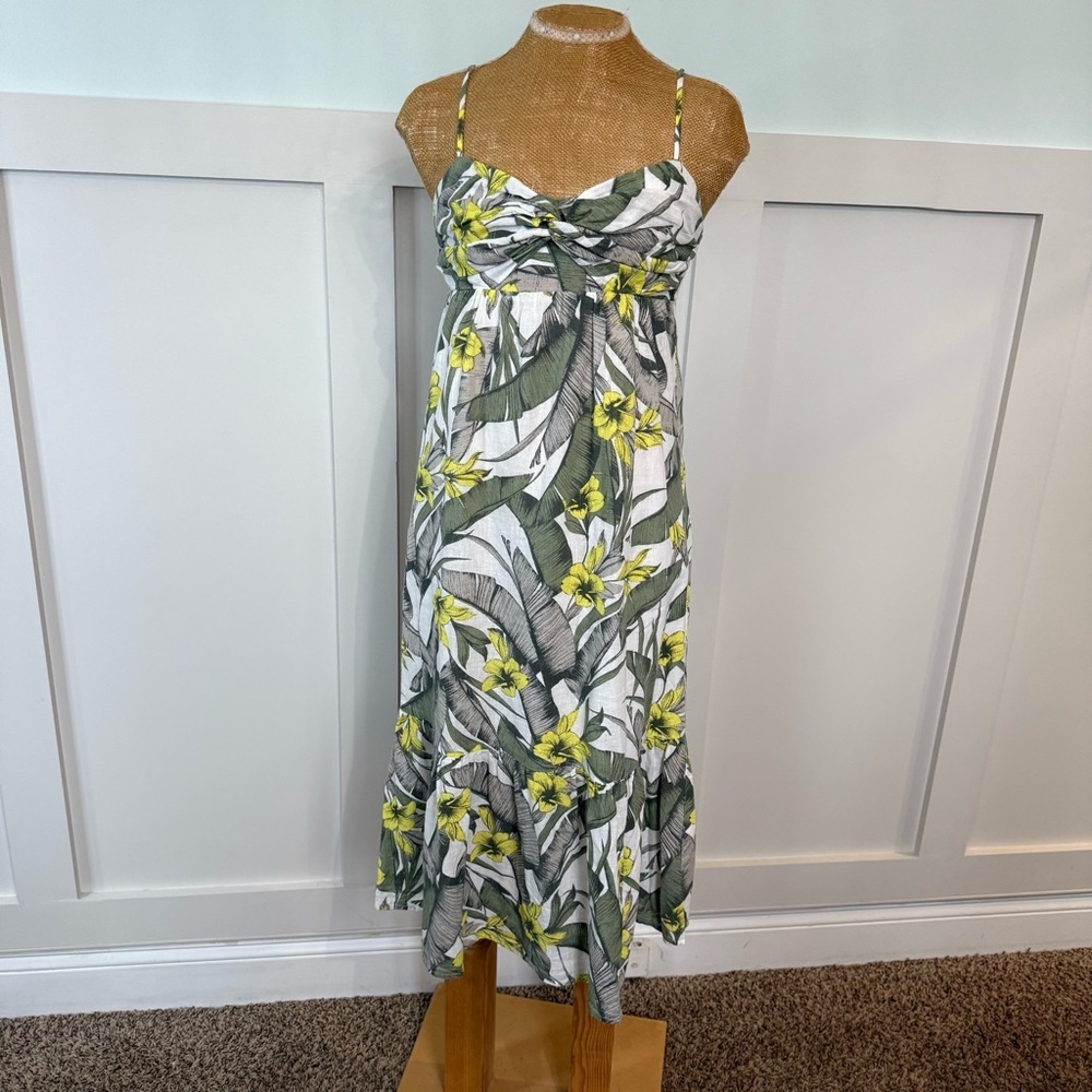 Banana Republic Palm Leaves Floral Front Knot Dress Midi Women’s 2 Linen‎ Resort